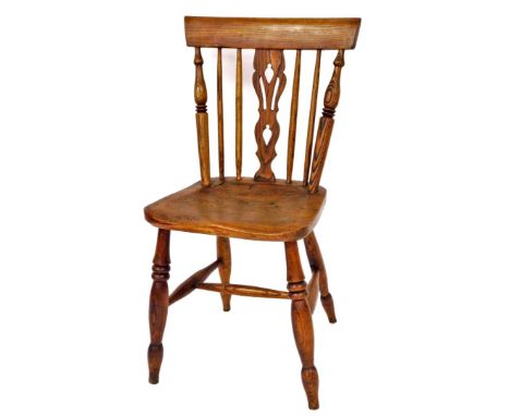 A 19thC ash and elm side chair, with block cresting rail, pierced back splat, turned rail, shaped seat and double ring turned