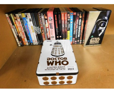 A quantity of DVDs and videos, to include Star Wars Trilogy Special Edition, A Doctor Who limited edition Planet of the Dalek
