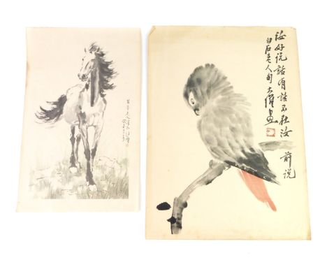 Xu Beihong (Chinese 1895-1953). Standing Horse, print, 44cm x 28 cm and a further print, in the manner of Qi Baishi, Parrot o