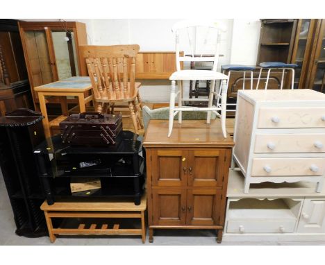 A group of furniture and effects, to include a mahogany finish CD rack, sewing box and contents, glass TV stand, Samsung DVD 