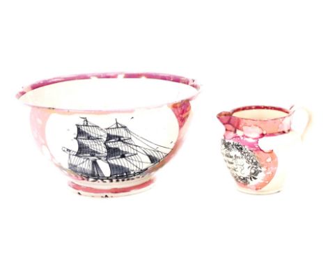 Two Maling lustre ceramic items, to include a small milk jug with inscription 'ladies all pray make free and tell me how you 