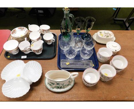 A Colclough part tea service, various glassware, a hors d'oeuvres dish, Johnson Brothers oven ware dishes, gravy boat and sau