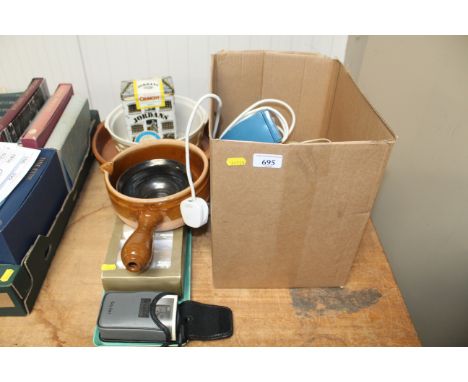 A collection of cooking dishes; studio pottery bowl; coffee cans and saucers; camera; telephones etc