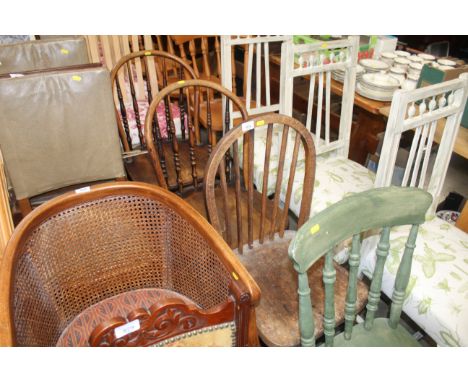 Two oak spindle back chairs and an elm seated stick back chair