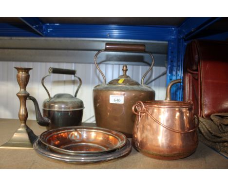 Two copper kettles; a candle stick; swing handled pot etc