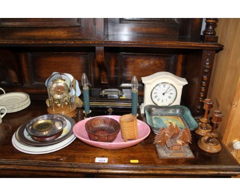An anniversary clock under dome; a metal cash tin; a mantel clock; a pair of wooden candle sticks; various china etc