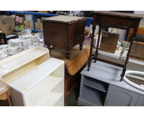 An oak two tier tea trolley, a table and commode