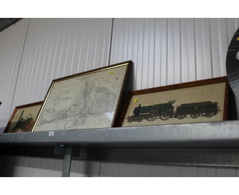 A framed map, "G W R Works, Swindon"; a print "Steam Train, City of Truro" and a print of a traction engine