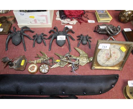 A pair of knife rests; an ashtray; two pill boxes; a bottle opener and three graduated bird ornaments and a mantel clock