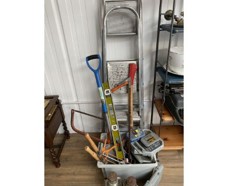 Assorted hand tools, 2 step ladders