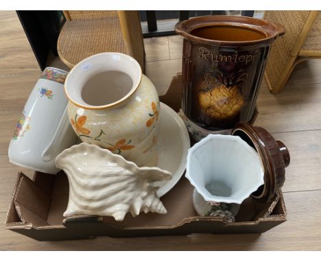 Box of ceramic collectibles to include West German Rumtopf pot
