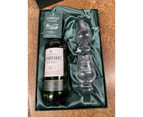 Laphroaig 18 year old Scotch Whisky in presentation box with 2 glasses