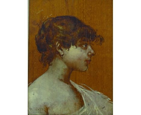 Oil on wood panel, classical portrait of a woman, indistinctly signed, 31 x 22 cm framed