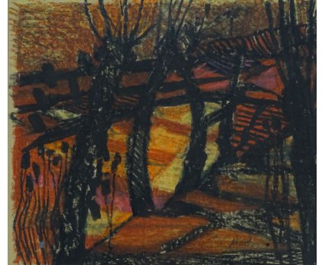 Raymond Martinez (born 1937) oil pastel sketch Landscape, signed, exhibition label verso dated 1967, 22 x 25 cm framed