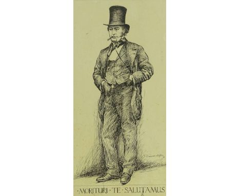 J Dewar Mills, pen &amp; ink portrait of Isambard Kingdom Brunel, signed &amp; dated 1947, 52 x 26 cm mounted