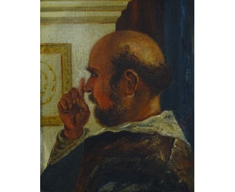 Irish School oil on board, Portrait of a man, unsigned, Belfast label verso, 27 x 21 cm framed 