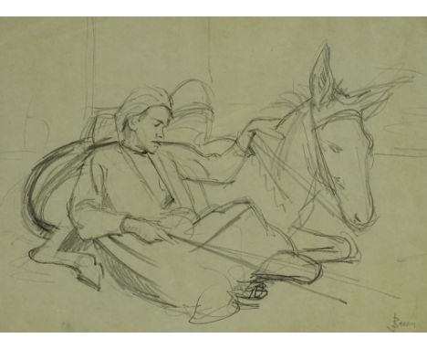 John Berry, pencil drawing, boy with a mule, signed, 27 x 39 cm. Berry was the war artist with the 8th Army in North Africa