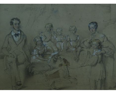 John Bryant Lane, 19th century pencil & watercolour, Family portrait with dog, original labels verso, 46 x 60 cm framed