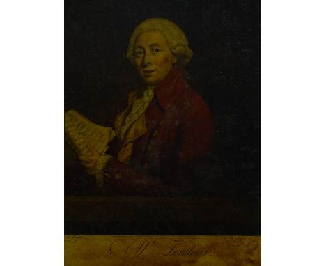 18th century coloured engraving behind glass, Portrait of M Tenducci, published 1782, 37 x 27 cm framed