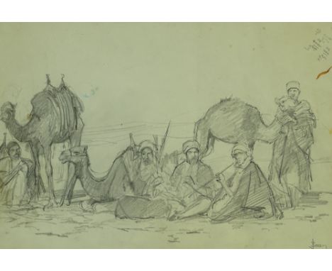 John Berry, pencil drawing North African camel riders, signed, 27 x 40 cm framed. Berry was the war artist with the 8th Army 