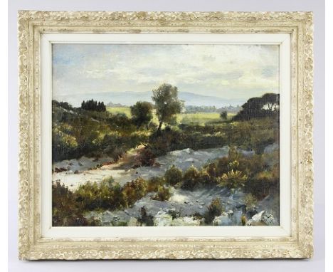 Französischer Maler des 20. Jhd.Gemälde, Öl auf Leinwand, Blick über eine Sandgrube auf ein Dorf, unten rechts undeutlich sig