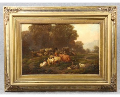 Reinhardt, Ludwig "Louis" (Plauen 1849 - 1870 im Traunsee)Gemälde, Öl auf Leinwand, rastende Rinderherde und Ziegen im Loisac