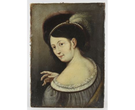 Deutscher Maler des 17. Jhd.Portrait einer jungen Frau mit diademgeschmückter Pelzkappe, das schmale Diadem besetzt mit Perle