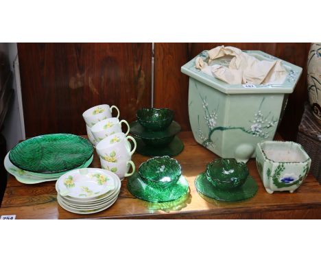 A Shelley bone china “Primrose” nineteen-piece part tea service; a ditto ashtray; four moulded green glass dishes; &amp; thre