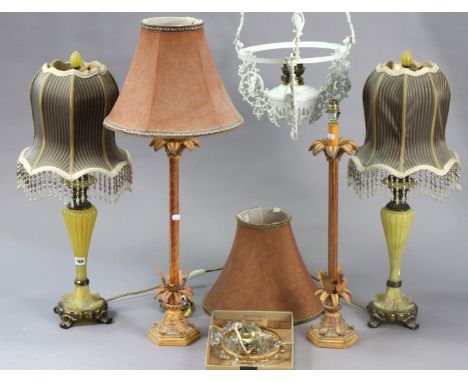 Three pairs of table lamp bases; two pairs with shades; &amp; two ceiling light fittings.