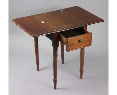 A 19th century mahogany drop-leaf work table fitted end drawer, &amp; on four ring-turned tapered legs, 50.5cm wide x 64.5cm 