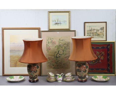 A pair of ceramic floral decorated table lamps; together with a copper coal scuttle with shovel; various decorative pictures;