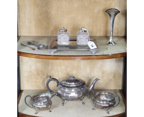 A silver plated three-piece tea service; a plated desk inkstand; &amp; various other items of platedware.