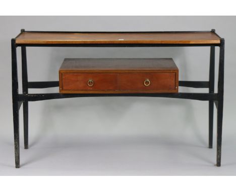 A 1970s Heals-style teak &amp; ebonised metal two-tier console table, fitted two short drawers with brass ring handles to the