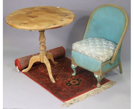 A turquoise &amp; gold painted loom nursing chair; together with a pine tripod table; &amp; a small rug.