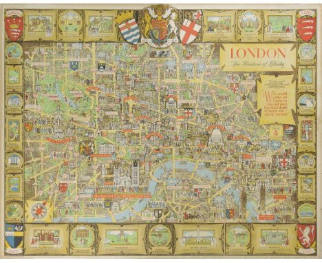 London. Lee (Kerry), London. The Bastion of Liberty, circa 1950, large colour lithograph pictorial map of London, slight stai