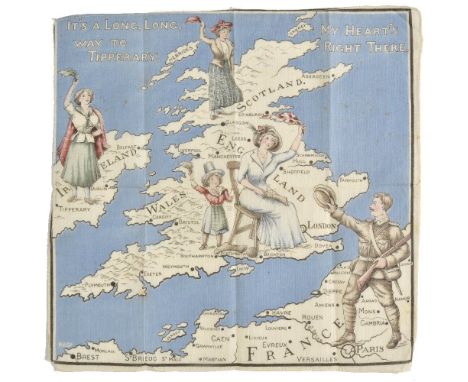 Propaganda map handkerchiefs. It's a Long, Long way to Tipperary - My Heart's right there, circa 1915, colour printed cotton 