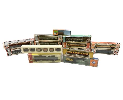 'N' gauge - ten passenger coaches by Hornby Minitrix and Lima; and ten goods wagons by Lima and Roco including set of six in 