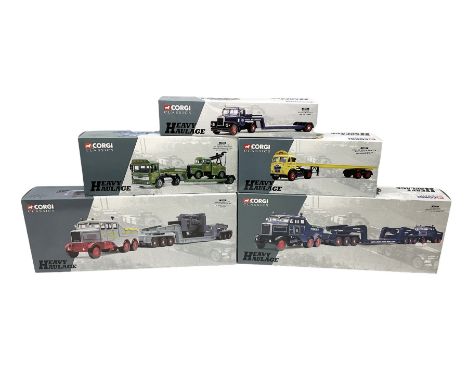 Corgi Heavy Haulage - five die-cast models comprising 17602 Sunter Bros. Ltd. Scammell Constructor and 24-wheel Low Loader wi