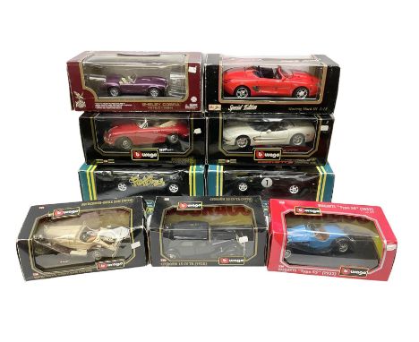 Nine 1:18/1:24 scale die-cast models - two Foxtons Mini Coopers; Road Legends Shelby Cobra; Maisto Mustang Mach III; and five