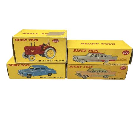 Dinky - four die-cast models comprising Massey-Harris Tractor No.300; Plymouth Plaza No.178; De Soto Fireflite Sedan No.192; 