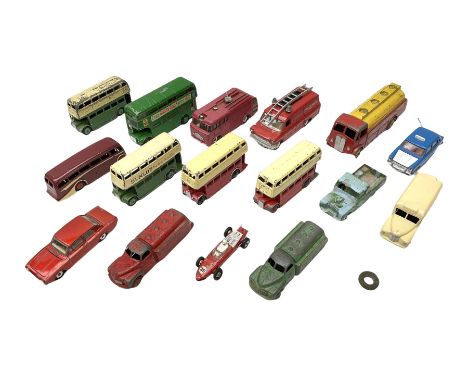 Dinky - fifteen unboxed and playworn die-cast models including AEC Monarch Thompson Tanker, Ford Transit Fire Service van, Da