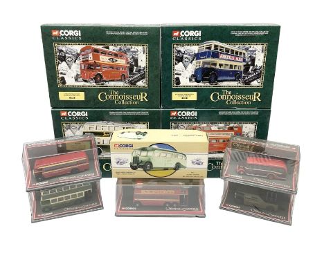 Corgi - The Connoisseur Collection, four die-cast models of double decker buses Nos.34301, 34703, 35005 & 35101; five Origina