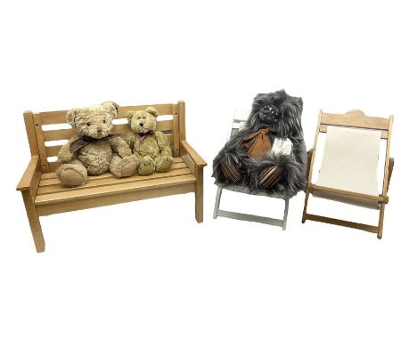 Charlie Bears bench, H41.5cm L58.5cm D29.5cm, and two Charlie Bears deck chairs, each approximately H37cm, together with a li