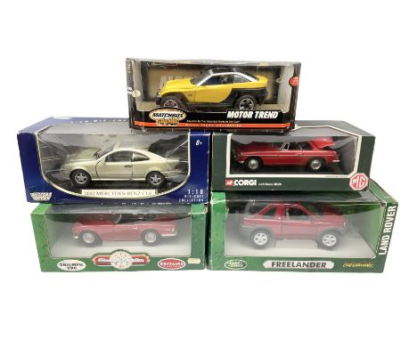 Five 1:18 scale die-cast models - Corgi 1963 MGB Roadster; Britains Collectibles Triumph TR6; Ertl Collectibles Freelander La