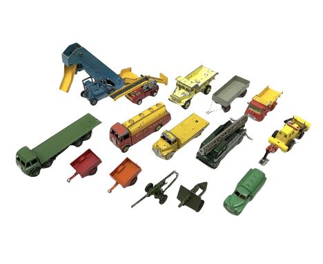 Dinky/Corgi - fifteen unboxed and playworn die-cast models including TV Extending Mast Vehicle, Foden Flat-bed Lorry, AEC Mon