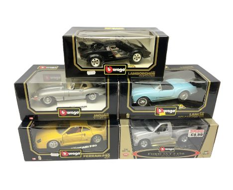 Bburago - five 1:18/1:21 scale models comprising Ford SVT F150 Lightning 1999; Jaguar 'E' Coupe (1961); Ferrari F40 (1987); L