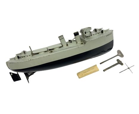 Pre-war Sutcliffe Grenville tinplate clockwork Battleship, with black and grey hull, grey deck and upper decks, propeller and