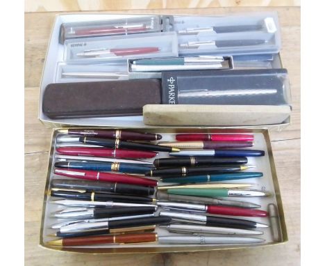 Two trays of assorted vintage pens and pencils including fountain pens with 14ct nibs etc.  
