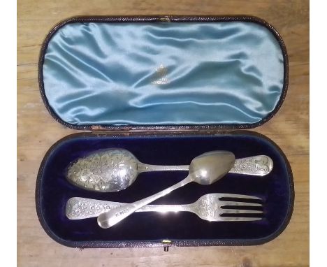 A cased bright cut engraved fork and spoon Christmas set, Eley &amp; Fearn London 1814, together with a hallmarked silver tea