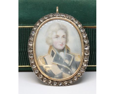 A late 18th century portrait miniature on ivory, circa 1790, depicting Lord Nelson, surrounded by a border of thirty six rose